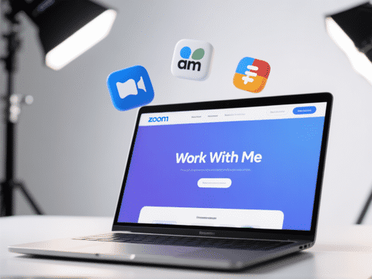 Close-up shot of a modern laptop screen showing a sleek 'Work With Me' webpage, icons for Zoom, Slack, and Trello floating above it, studio lighting, shallow depth of field, clean minimalist aesthetic