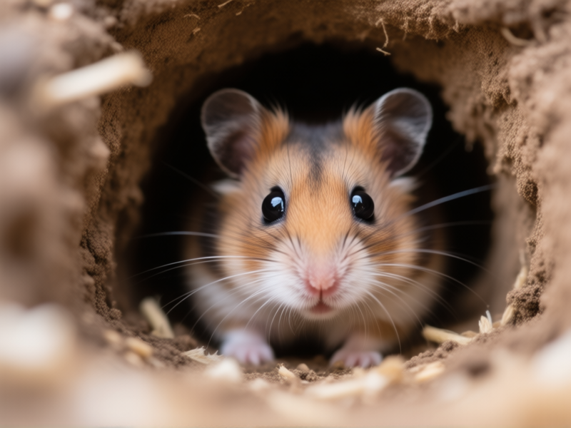 Photorealistic close-up of a Syrian hamster peeking cautiously from a small, earthy burrow entrance. Its whiskers are forward, eyes wide. The lighting is soft, natural, and dramatic, emphasizing its vulnerability as a prey animal. Background is a soft blur of bedding. Wildlife photography style, shallow depth of field.