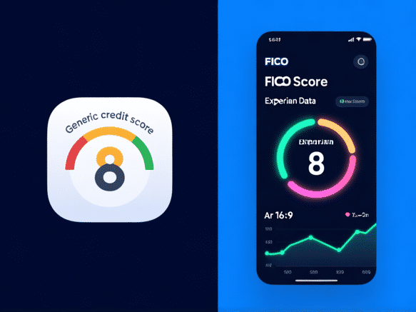 Split screen image: left side shows a confusing generic credit score app icon, right side shows a sleek dashboard with 'FICO
