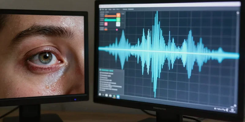 Split-frame image. Left side: a person's eye, bloodshot and tired, reflected in a monitor. Right side: a chaotic, abstract