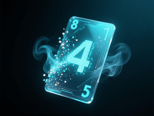 A beautiful, translucent digital card hovering against a dark background, its numbers flickering and dissolving into glowing pixels, concept art, cyberpunk aesthetics, digital smoke, sharp focus, intricate details, 8k