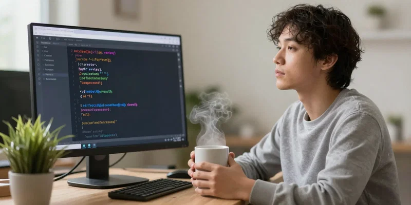 Stable Diffusion Prompt: A developer takes a deep breath, holding a steaming mug. On their screen, a code review comment is highlighted, but they are calm. A small plant sits on the desk, symbolizing growth. Soft focus, warm, reassuring atmosphere. --ar 16:9