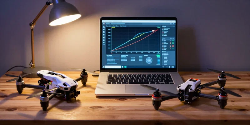Split screen showing Betaflight configurator rate curves on a glowing laptop screen next to a disassembled 5-inch FPV quadcopter on a wooden workbench, neon and warm desk lamp lighting --ar 16:9