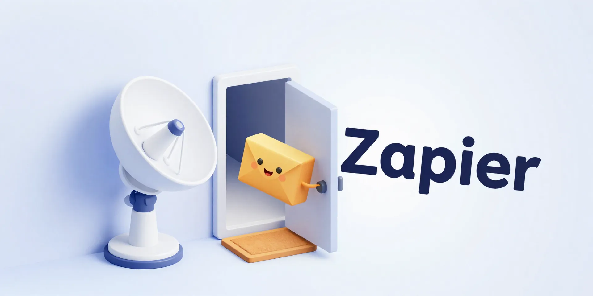 Minimalist 3D illustration. A webhook receiver icon (a little satellite dish) is mounted on a wall labeled 'Zapier'. A friendly, cartoon data packet with a little face knocks on the dish. The door is open, with a welcome mat. Clean, isometric view, soft colors. --style raw --ar 16:9