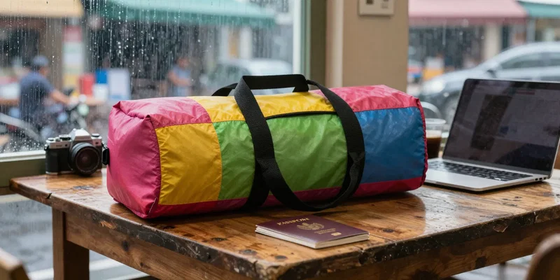 A colorful, roll-top dry bag sits on a rustic wooden table next to a laptop, camera, and passport in a bustling Southeast Asian street cafe. Rain streaks down a window in the background. The image is bright, vibrant, and tactile, emphasizing the dry bag as the hero.