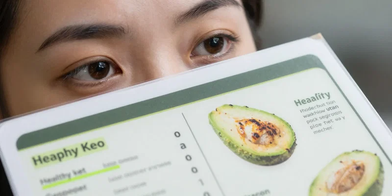 hyper-realistic close-up of a person's eyes scanning a laminated airport cafe menu, healthy keto options like grilled chicken and avocado visually highlighted on the menu, shallow depth of field