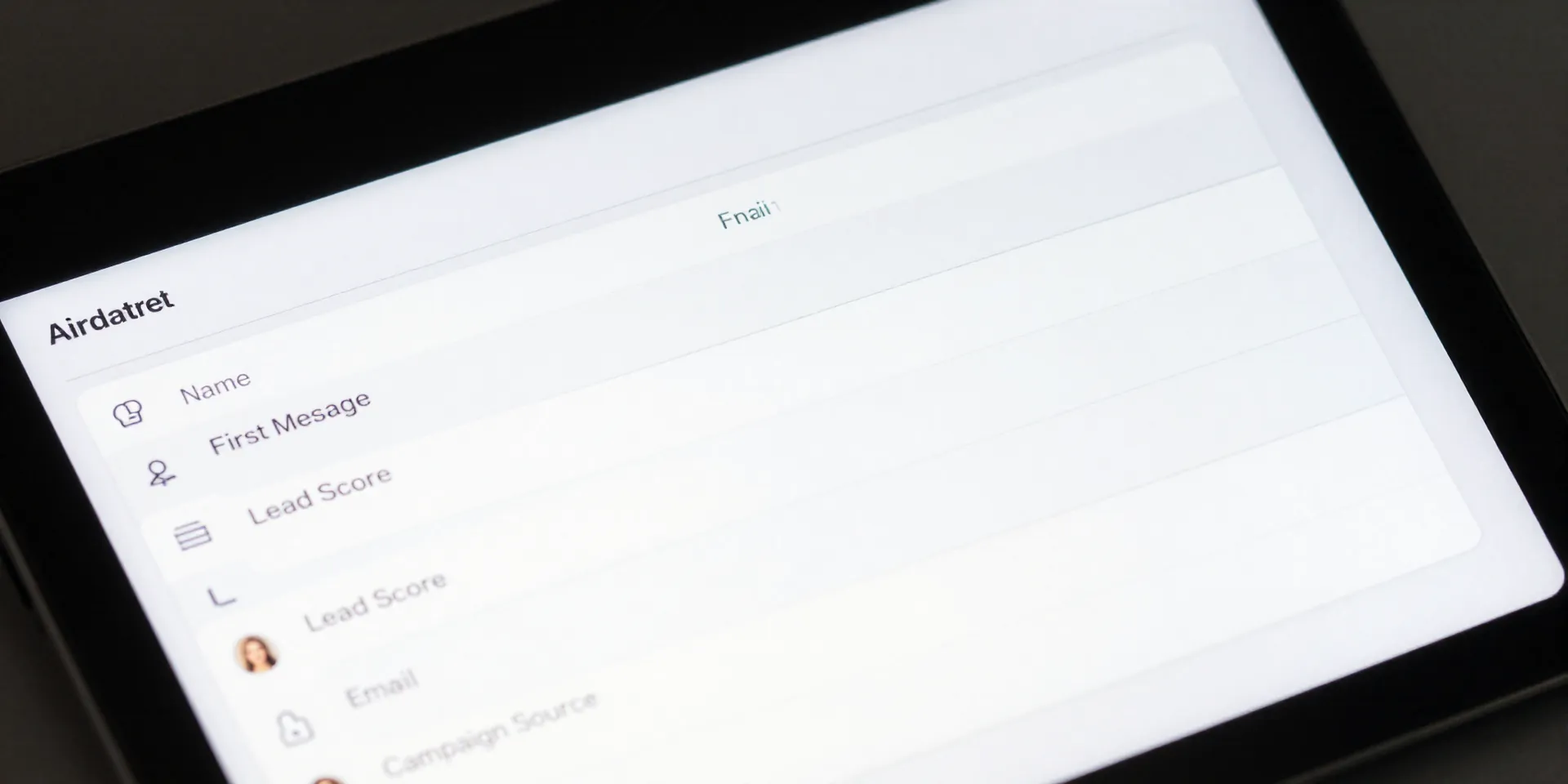 A top-down view of a sleek, digital Airtable form interface being populated with rich data points like 'First Message', 'Lead Score', and 'Campaign Source' instead of just 'Name' and 'Email'. Hyper-realistic UI mockup, shallow depth of field.