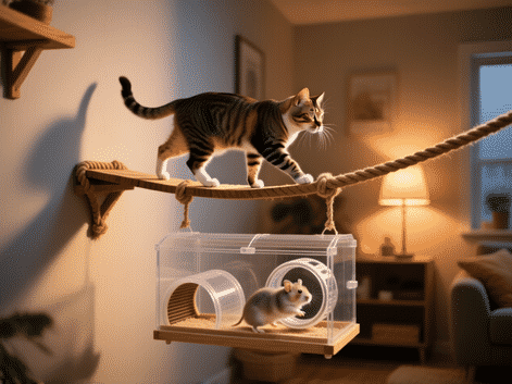 Stable Diffusion prompt: A dynamic action shot, a cat walking across a narrow, wall-mounted bridge made of rope and wood, below the bridge is a suspended, fully-enclosed acrylic hamster cage with tunnels, the hamster is visible running on a wheel, warm evening lamp light, cozy apartment setting, detailed fur texture, cinematic lighting, --ar 4:3