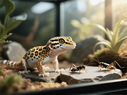 Midjourney prompt: A juvenile leopard gecko in a semi-naturalistic terrarium setup, alert and watching a few medium-sized crickets nearby. Morning light filtering through decor, detailed textures on slate and plants, photorealistic style, realistic reptile eye shine --ar 16:9