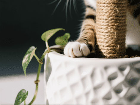 Detailed shot, macro photography style, of a textural white ceramic planter. A cat's paw gently rests on a sisal-wrapped climbing post that is seamlessly integrated into the planter's side. A trailing Pothos vine drapes nearby. Sharp focus, studio lighting. --style raw --ar 4:5
