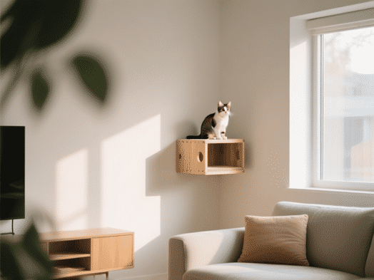 AI Image Prompt: A serene, well-lit corner of a modern living room with a minimalist wooden cat perch mounted high on the wall, empty and waiting. Soft focus, cozy afternoon light streaming in. Sense of calm and safety. --style raw --v 6.0
