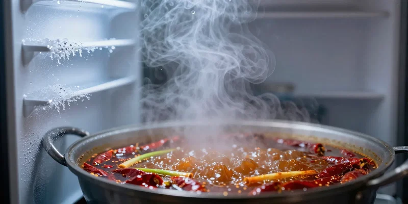 AI IMAGE PROMPT: Macro shot of steam rising from a hot pot of chili, meeting the cold air of an open freezer, creating visible condensation and ice crystals forming on the freezer walls. Dramatic lighting, sci-fi micro detail.