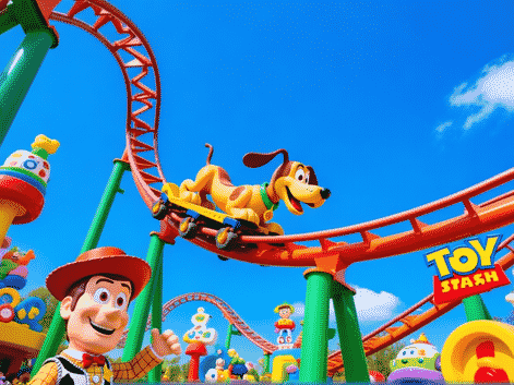 Fun style, Toy Story Land from a low angle, Slinky Dog Dash coaster winding overhead against a bright blue sky, Andy's toy
