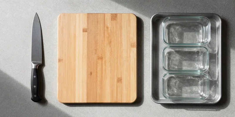 [AI Image Prompt: Flat lay photography from above on a concrete surface. A chef's knife, a large cutting board, a baking sheet, and a set of glass meal prep containers. Functional, clean, no-brand aesthetic. Sunlight, sharp focus. --style raw --ar 16:9]