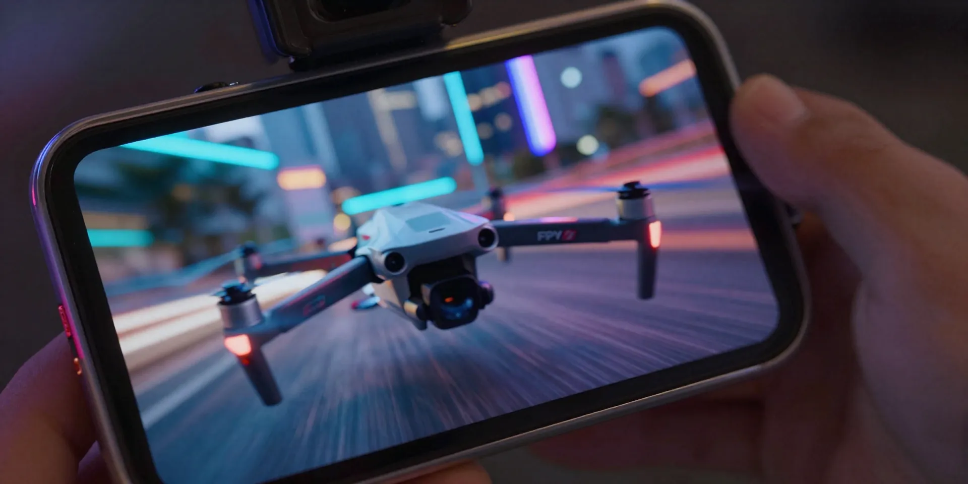 Close up of a smartphone screen displaying a fast-moving FPV drone video. Extreme motion blur, neon city background, dynamic angle, photorealistic, high contrast --ar 16:9