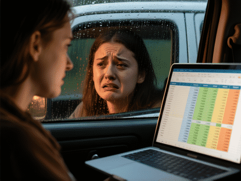 Close-up shot of a person's face reflected in a rainy van window, looking stressed. A spreadsheet with tight budget numbers is visible on a laptop screen next to them. Warm, anxious mood. --ar 16:9