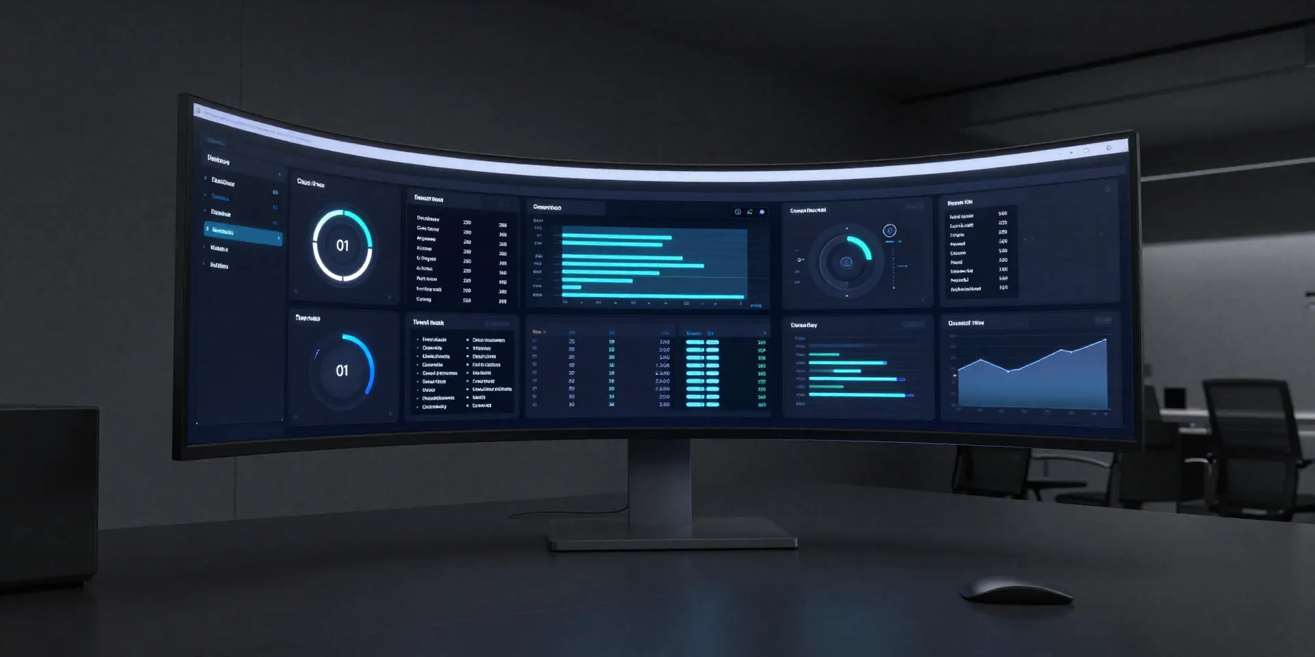 A sleek modern digital dashboard glowing on a curved monitor in a dimly lit minimalist office, UI/UX concept, neon accents, highly detailed, octane render, architectural photography --ar 16:9 --v 6.0
