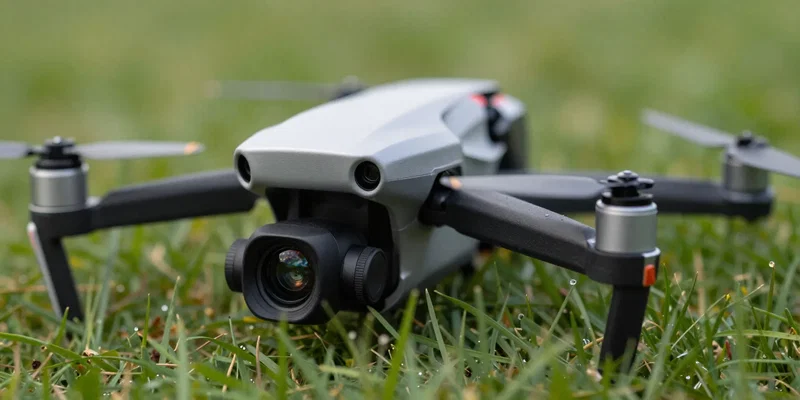 Close up of an FPV drone camera tilted down at a very low angle, sitting on green grass, shallow depth of field, highly detailed, photorealistic drone gear --ar 16:9 --v 6.0