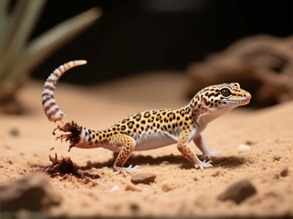 A leopard gecko in mid-movement, its tail cleanly detached and lying still on a desert-style terrarium substrate