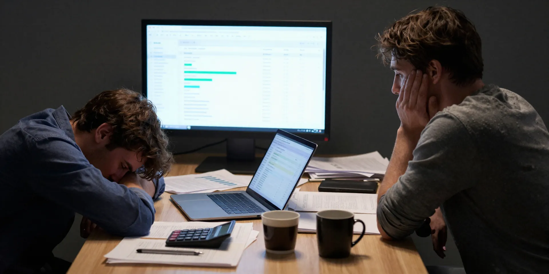 photorealistic image, an exhausted freelancer at a messy desk covered in papers, calculator, and coffee mugs, looking at a blurry spreadsheet on a laptop, dim lighting, versus a clean modern monitor showing a sleek Airtable dashboard with clear graphs, cinematic contrast, style of a modern tech advertisement