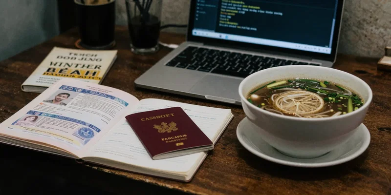 A cluttered, atmospheric desk in a Hanoi coffee shop. A passport open to a visa page, a Vietnamese phrasebook, a bowl of pho, and a laptop with code on the screen. Moody lighting, film grain aesthetic, sense of immersive local life --ar 16:9