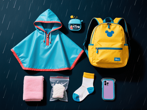 A stylized flat-lay photo of essential rainy day Disney gear: a high-quality reusable poncho, waterproof backpack, dry socks