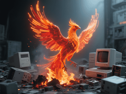 Phoenix bird rising from the ashes of old gray computer parts. The phoenix is made of glowing, orange and red data streams