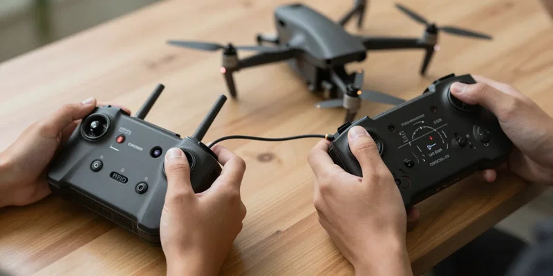 A person holding a black FPV radio transmitter, thumbs resting on the gimbals, connecting wirelessly to a small drone on a wooden table, technical overlays, depth of field, realistic lighting --ar 16:9