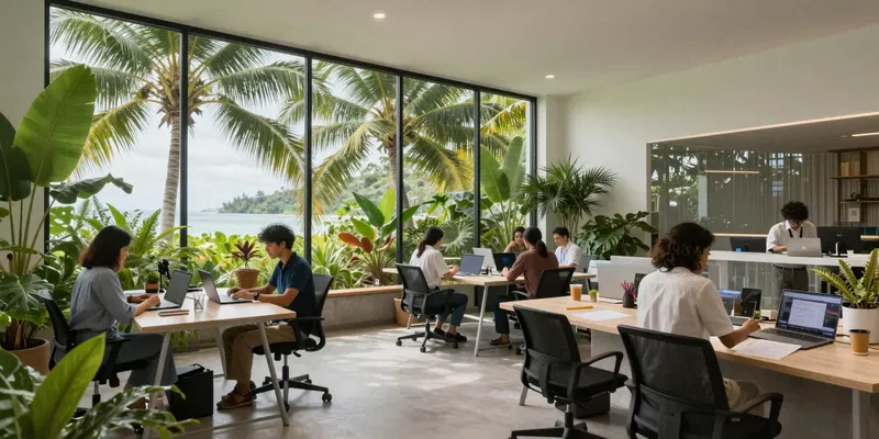 Interior of a modern, airy coworking space on a tropical island. Large windows show palm trees. People are focused on laptops at sleek desks, surrounded by lush plants. There is a strong sense of quiet productivity. Midjourney, photography style, sharp focus.