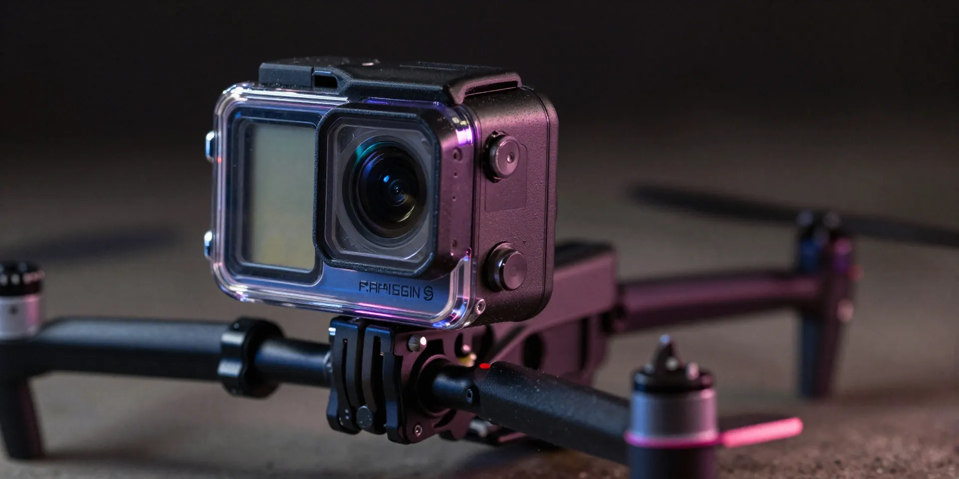 Cinematography style, close up of a beat-up budget action camera mounted on an FPV drone, dramatic moody lighting, neon rim light, 8k resolution, photorealistic --ar 16:9