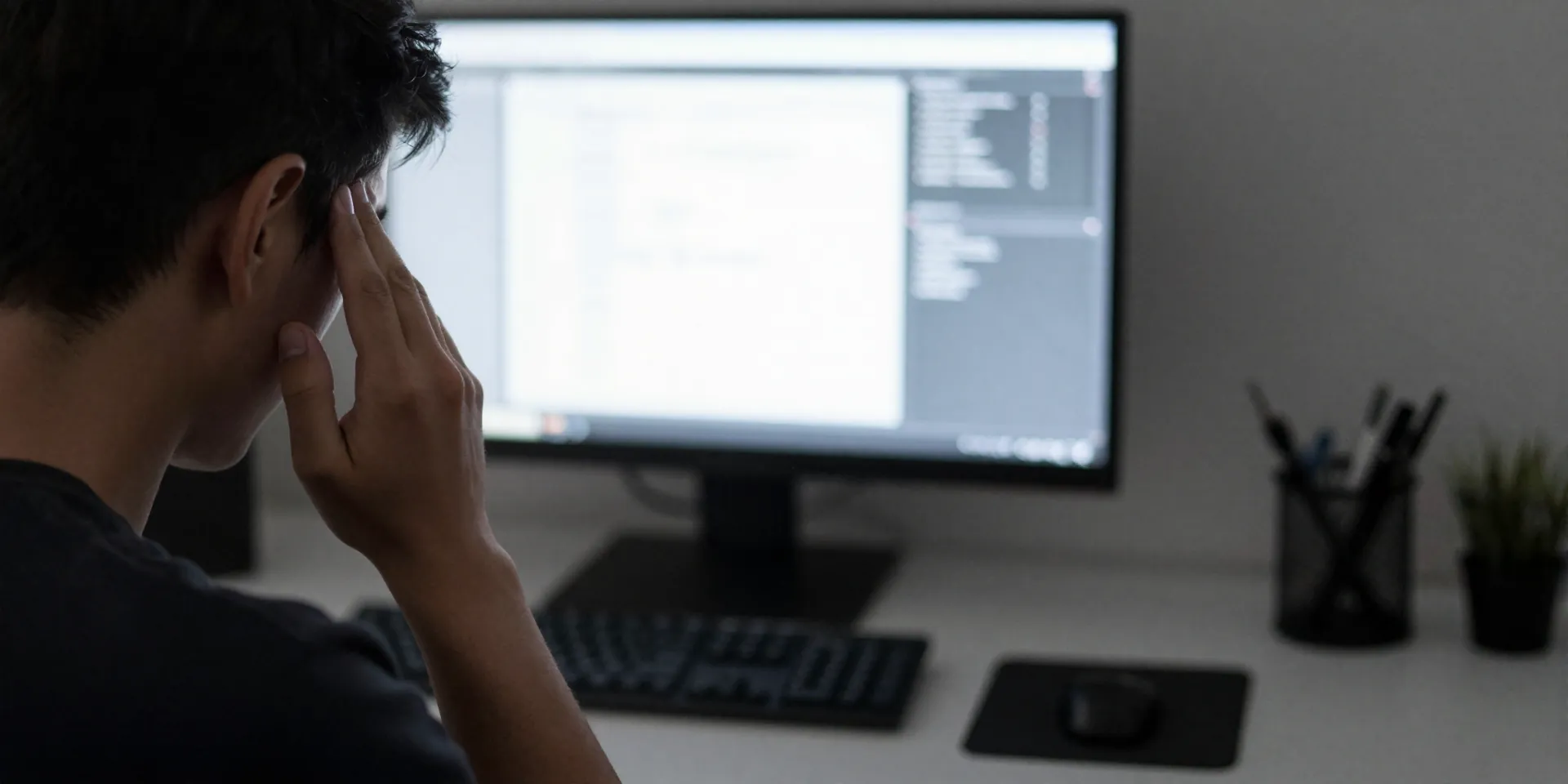 Medium shot of a person at a desk, one hand pressed to their temple in pain. In the background, a monitor glows with overwhelming brightness and visual clutter. Desaturated colors, emphasis on the contrast between the person's discomfort and the harsh light.