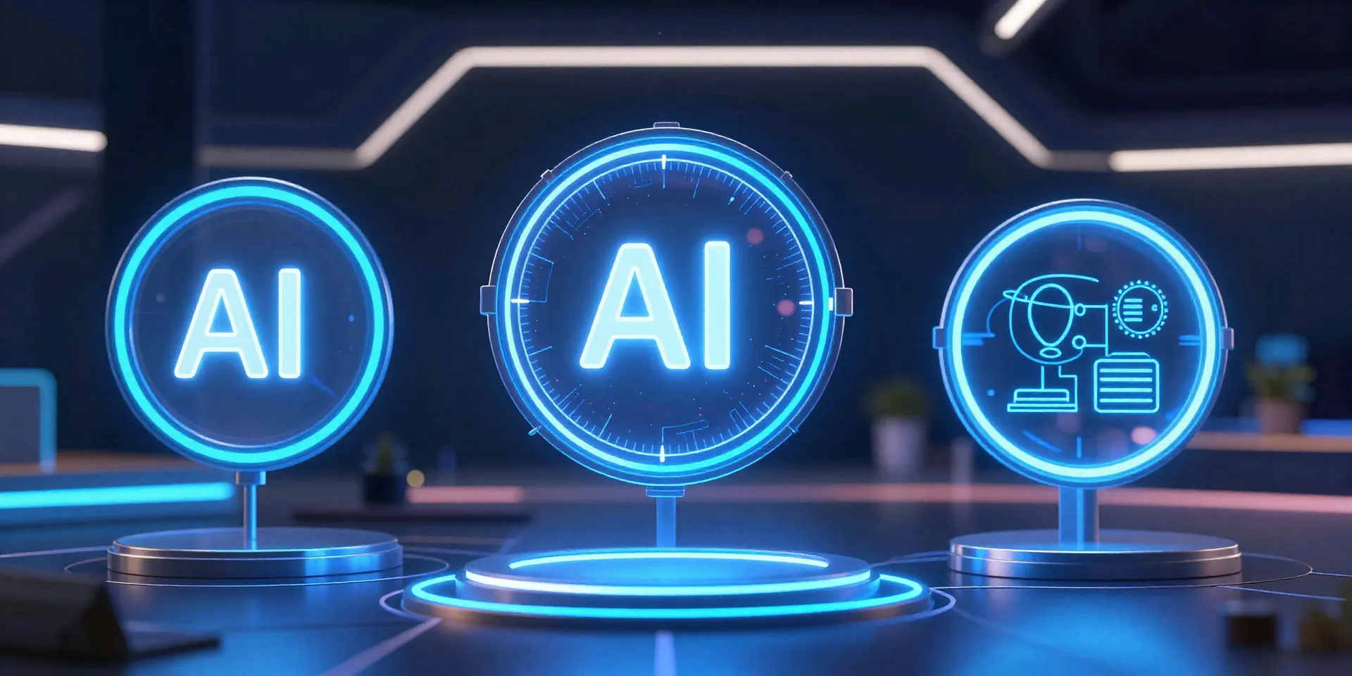 Three futuristic icons representing AI, automation, and databases floating in a sleek, abstract digital workspace, neon glow, cyberpunk aesthetic