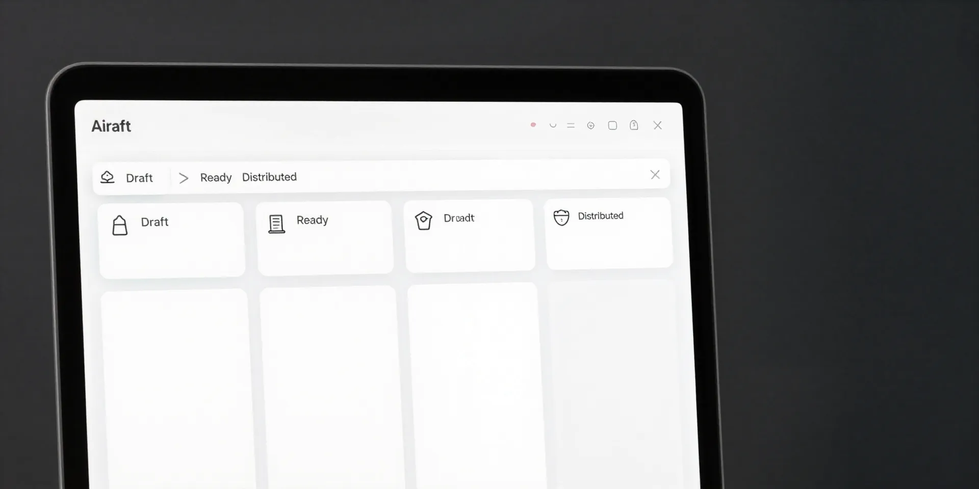 An elegant, clean, and simple user interface of Airtable on a desktop screen, focused on a Kanban-style board view. Each card is a blog post with simple icons for 'Draft', 'Ready', 'Distributed'. Soft minimal aesthetic, pastel colors, sharp focus, product illustration, isometric view, studio lighting.