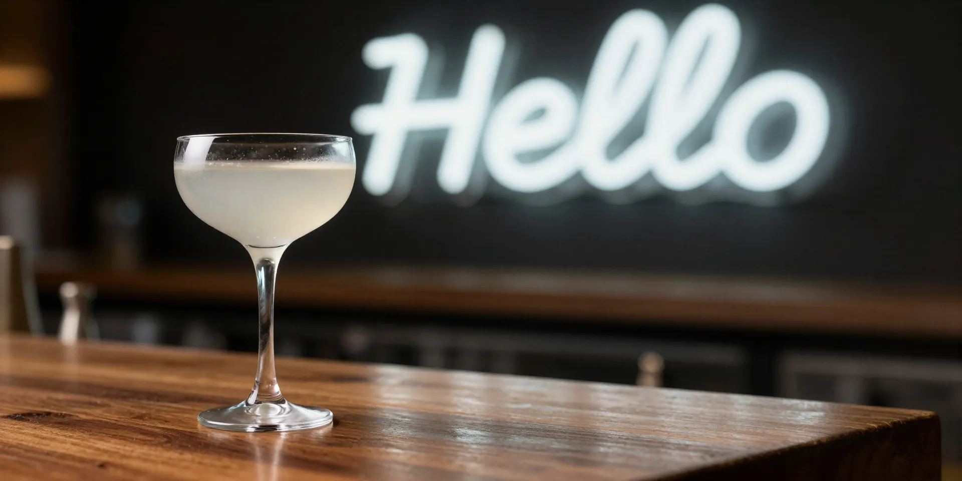 A sleek, modern cocktail glass sitting on a polished mahogany bar, glowing neon sign in the background reading 'Hello'