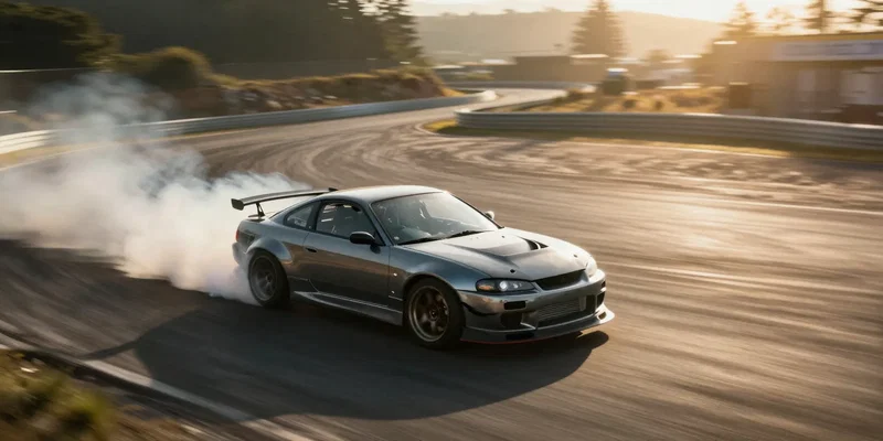 A sleek drift car sliding around a hairpin mountain turn, viewed from a close dynamic aerial perspective. Extreme motion blur on the background, sharp focus on the car, golden hour lighting, high octane, cinematic grading --ar 16:9 --v 6.0