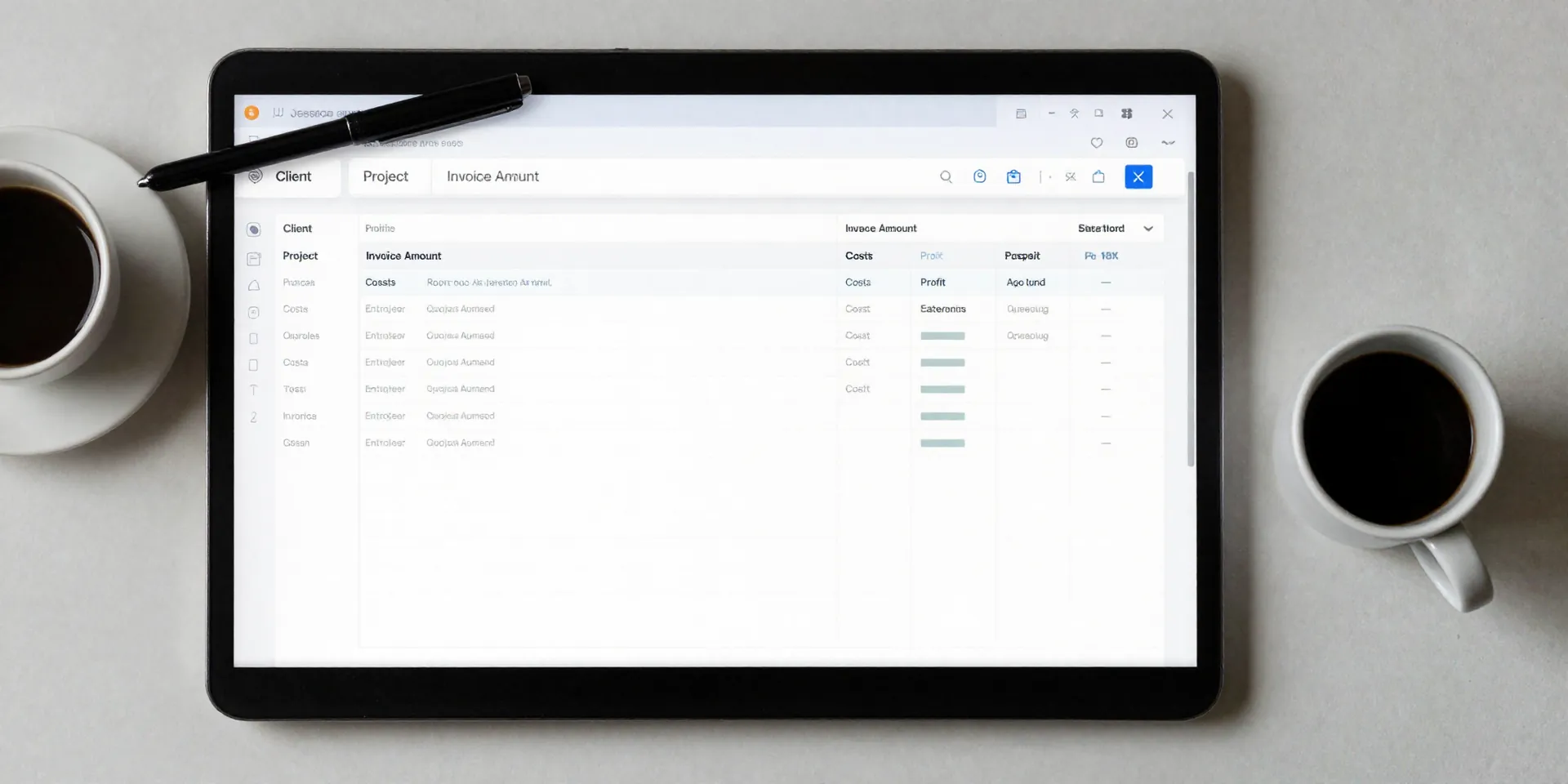 An overhead view of a clean, modern Airtable base on a laptop screen. Columns are clearly labelled: Client, Project, Invoice Amount, Costs, Profit, Date Paid. A coffee cup sits beside it, untouched. Style: Clean, bright flat lay. Moody, crisp focus. Mood: Organized, calm, in-control.
