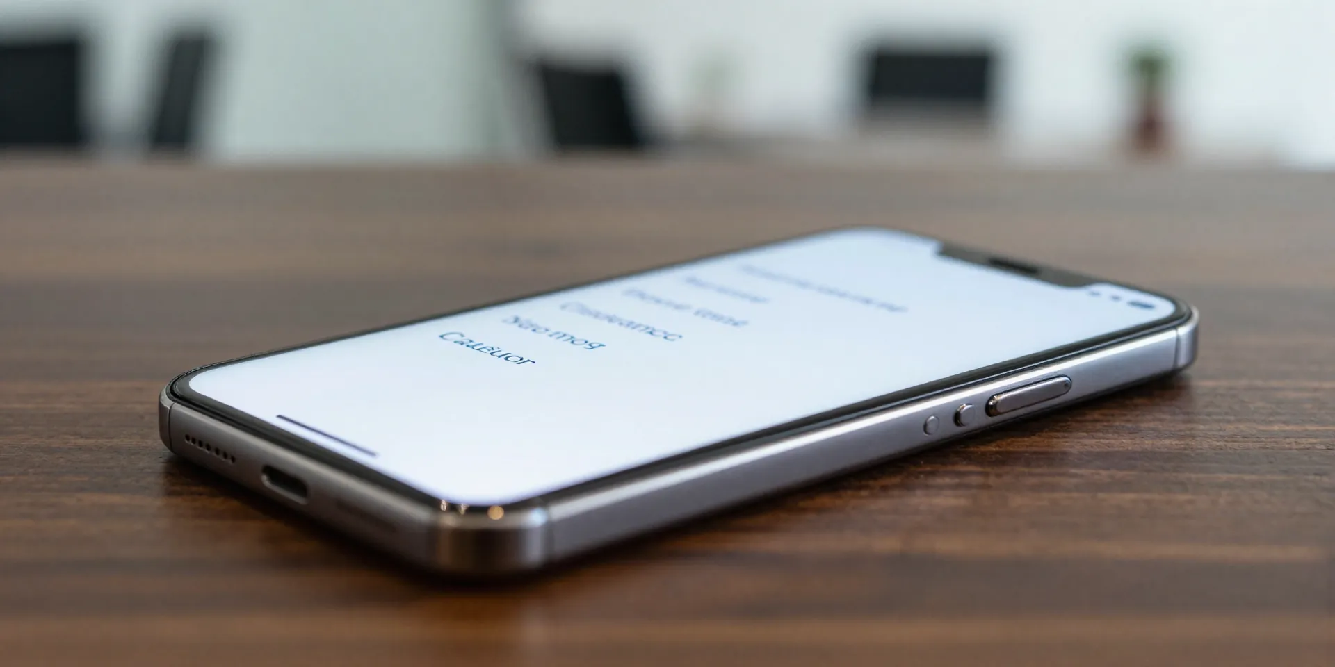 Close-up macro shot of a sleek smartphone resting on a dark walnut desk, screen glowing with a crisp text notification, soft bokeh background of a modern office, hyper-realistic --ar 16:9 --v 6.0