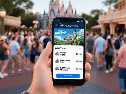 A dynamic close-up of a smartphone screen in a crowded Disney park, cinematic photography. The screen shows the My Disney Experience app's 'Wait Times' list. Peter Pan's Flight reads '45 min', while Big Thunder Mountain reads a tempting '20 min'. In the soft-focus background, guests are milling about. The focus is on the strategic decision-making moment.