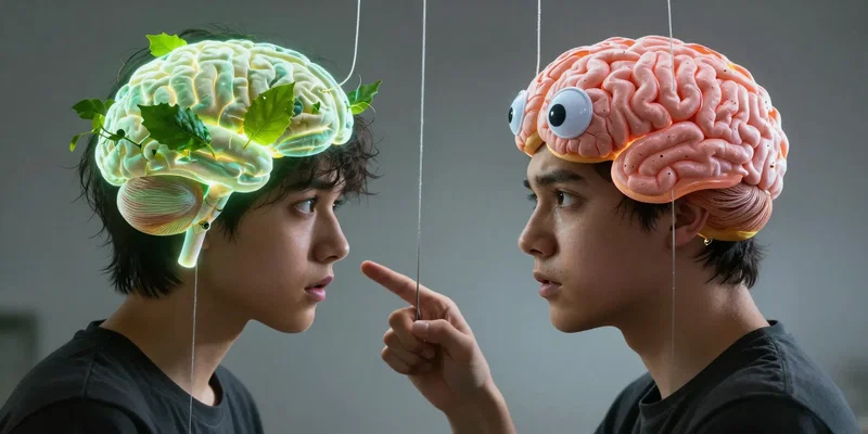 Midjourney Prompt: Concept art of a conflicted person. Their head is split into two halves. One side is a glowing, healthy brain with leafy greens. The other side is a donut-shaped, cartoonish brain with googly eyes, pulling on puppet strings attached to the person's hand. Style: Witty, illustrative, cinematic lighting. --ar 16:9