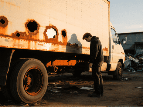 A person looking defeated, standing beside a high-roof cargo van in a scrapyard, looking at massive rust holes in the wheel well and undercarriage, golden hour lighting, desaturated except for the orange rust, documentary style