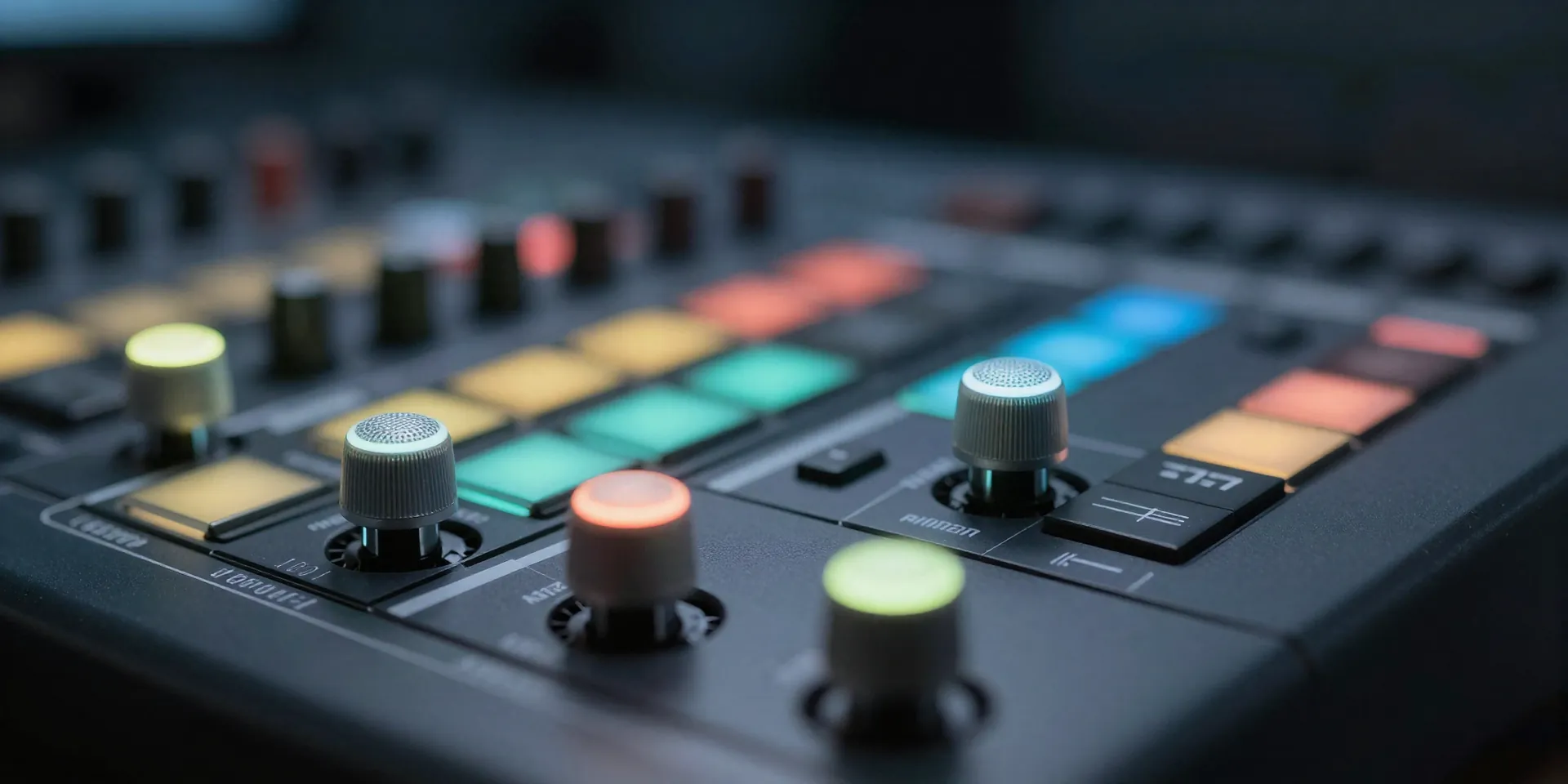 Macro shot of a color grading control panel with glowing trackballs, shallow depth of field, cinematic lighting, professional studio environment --ar 16:9
