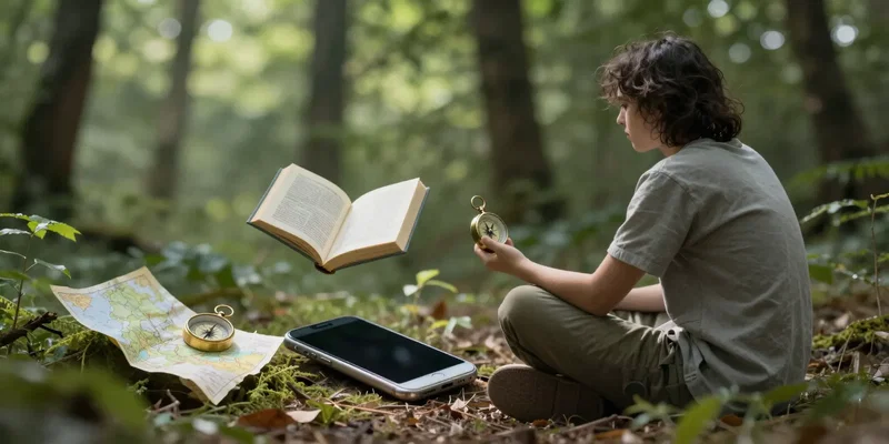 Midjourney prompt: A person sitting in a quiet, sun-drenched forest, a discarded smartphone at their feet, screen dark. Small, whimsical analog objects like paper maps, a physical book, and a compass float around them. Ethereal, peaceful mood. --v 6.0