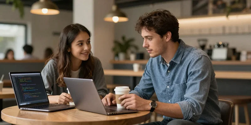Stable Diffusion prompt: A mentor and mentee discussing over coffee in a modern, vibrant tech hub cafe, laptops open, code visible on screens, warm ambient light, photorealistic style --ar 16:9