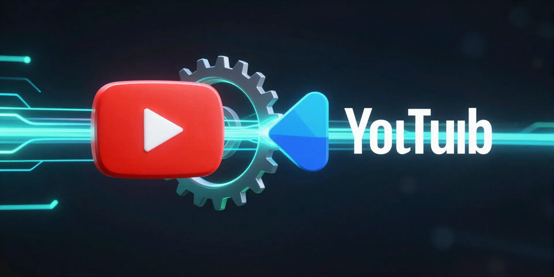 Midjourney Prompt: abstract 3D render, YouTube logo and Airtable logo connected by glowing, pulsing data streams and gears, minimalist cyberpunk aesthetic, dark background with neon blue and green light trails, --ar 16:9 --v 6.0