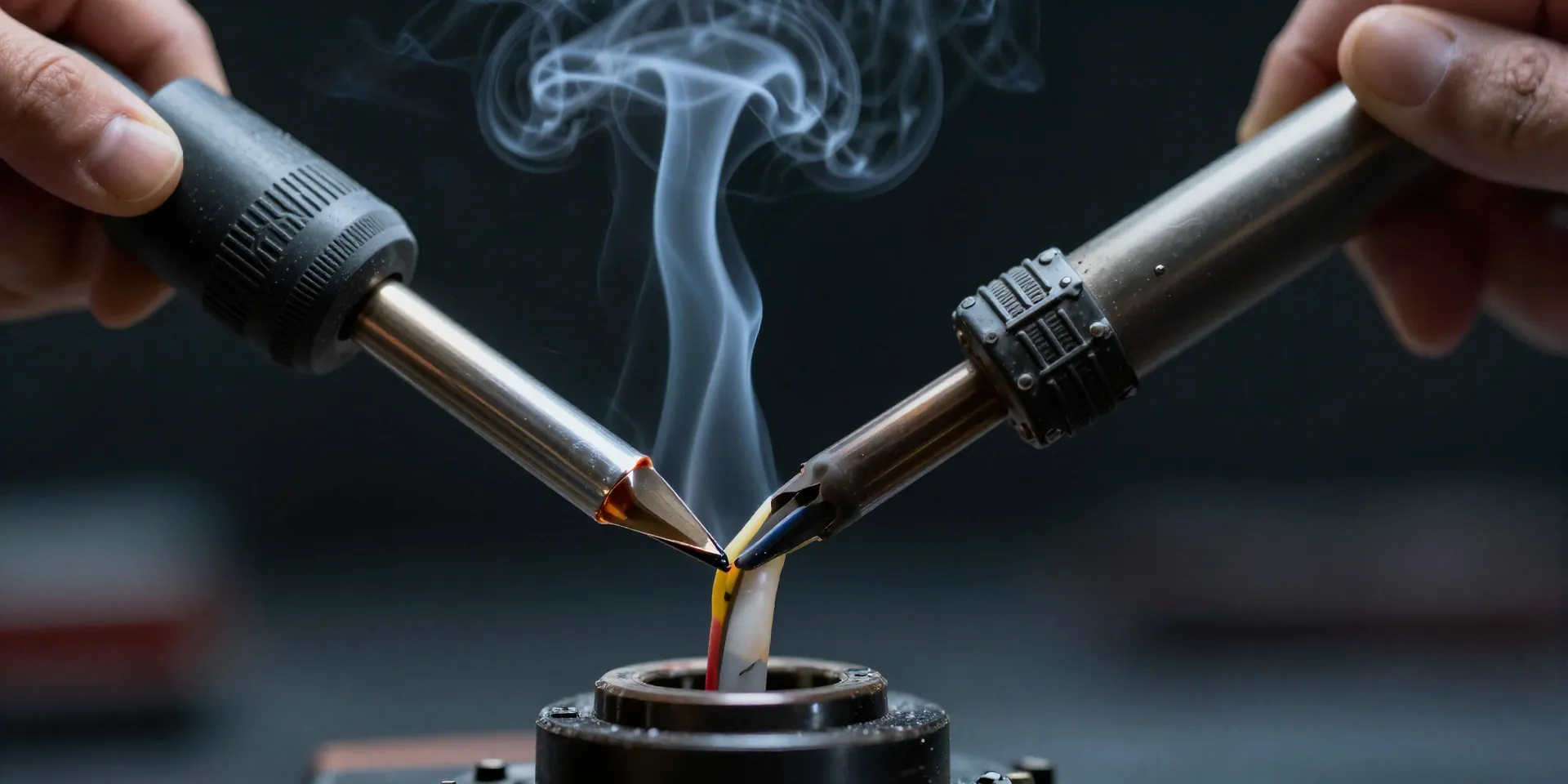 Soldering iron tip applying shiny molten solder to stripped silicone wire, smoke curling up, dark background, cyberpunk workshop vibe, photorealistic, macro lens --ar 16:9