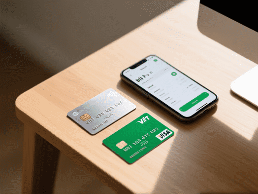Minimalist flat lay photograph on a wooden desk. A sleek silver credit card, a green Visa gift card, and a phone showing