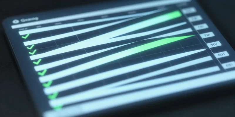 Close up of a futuristic glowing spreadsheet interface floating in mid-air, lines of data automatically filling in rows with crisp green checkmarks, clean sci-fi UI design, shallow depth of field --ar 16:9