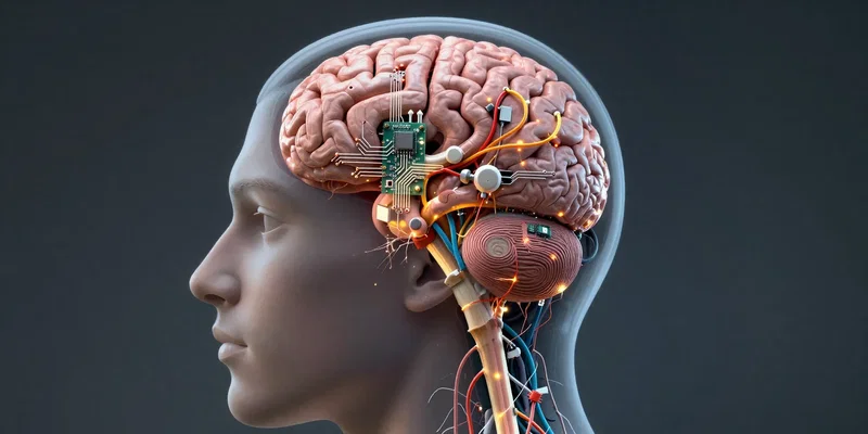 A surreal, anatomical illustration of a human head. Inside, the brain is depicted as an intricate, overheated circuit board with frayed, sparking wires. One section is labeled 