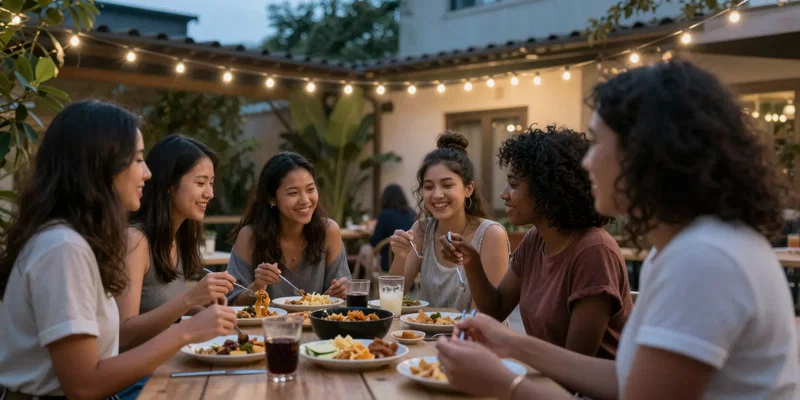Dynamic shot of a female-only co-living space courtyard at dusk. String lights, small group of women from various backgrounds sharing a meal and talking. Focus on genuine smiles and connection. Safe, welcoming atmosphere, cinematic lighting, realistic skin tones.