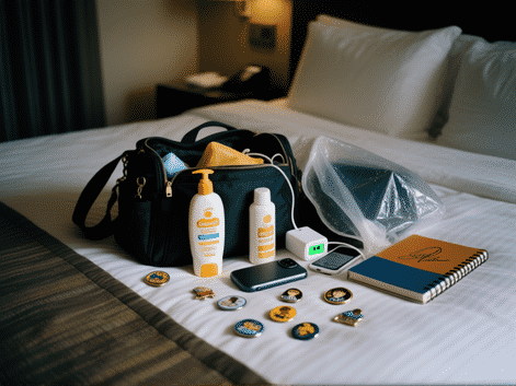 A cluttered, candid photo of a family's park bag contents: sunscreen bottles, a portable phone charger, a soaked poncho